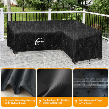 Kipiea L Shaped Garden Furniture Covers Waterproof, 420D Heavy Duty Oxford Fabric Outdoor Rattan Corner Sofa Covers with Windproof, Garden Sofa Cover,