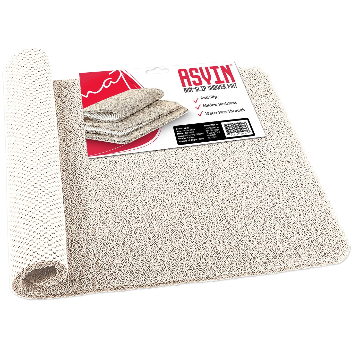 Asvin white Textured Bath, Shower, Tub Mat, 24x16 Inch, Phthalate Free, Non Slip Comfort Bathtub Mats with Drain, PVC Loofah Bathroom Mats for Wet