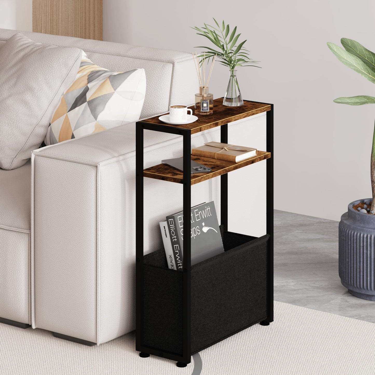 JERX Narrow Side Table with Fabric Basket, End Table for Small Spaces, Slim Side Table with Magazine Rack for Living Room Office Bedroom and Bathroom
