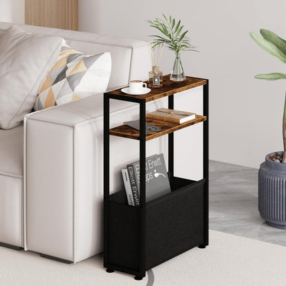 JERX Narrow Side Table with Fabric Basket, End Table for Small Spaces, Slim Side Table with Magazine Rack for Living Room Office Bedroom and Bathroom