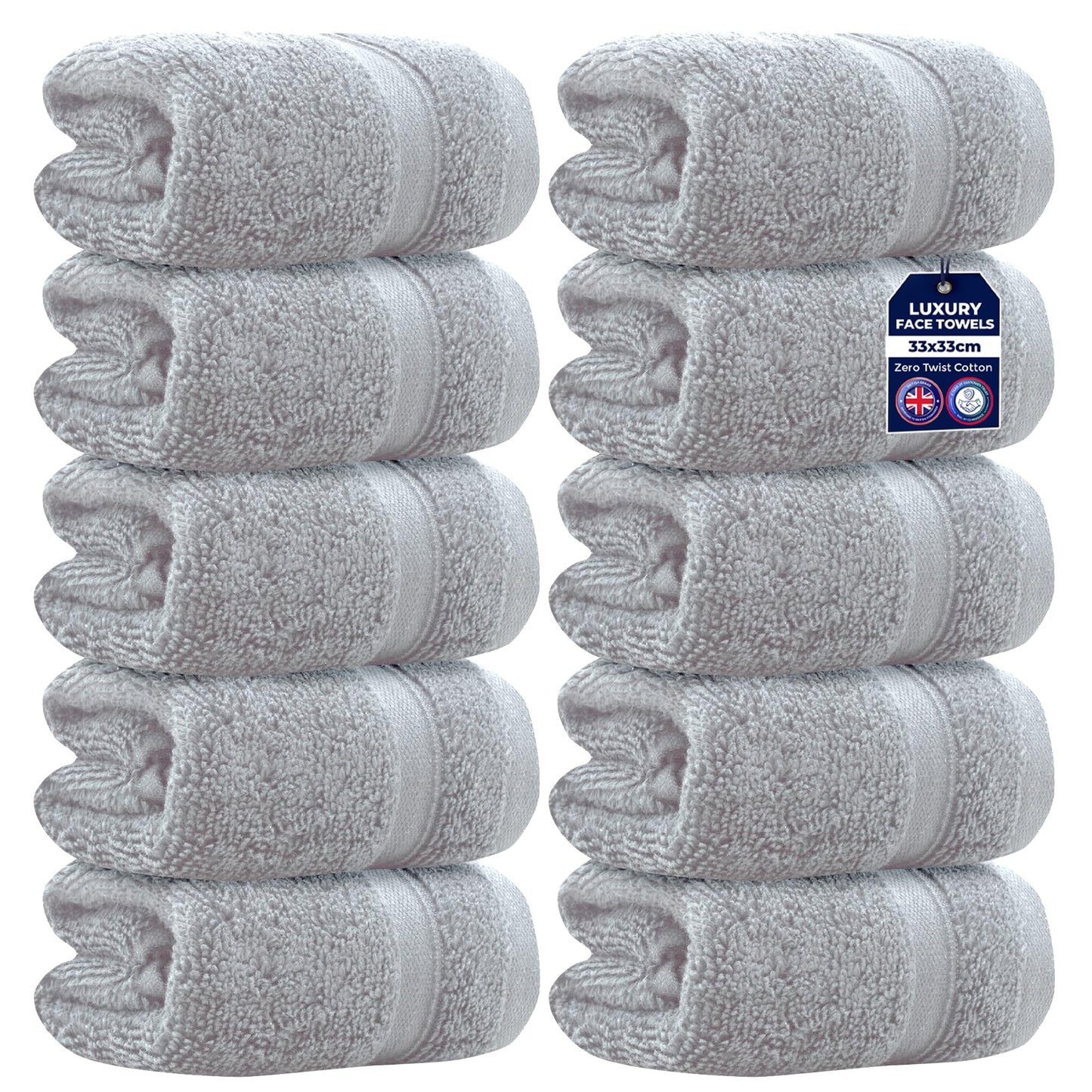 Towelogy Zero Twist Face Cloths 33x33cm - 100% Egyptian Cotton Washcloths Absorbent & Super Soft Hotel Quality Towels | Oeko-Tex Certified (10, Silver