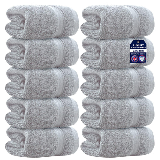 Towelogy Zero Twist Face Cloths 33x33cm - 100% Egyptian Cotton Washcloths Absorbent & Super Soft Hotel Quality Towels | Oeko-Tex Certified (10, Silver