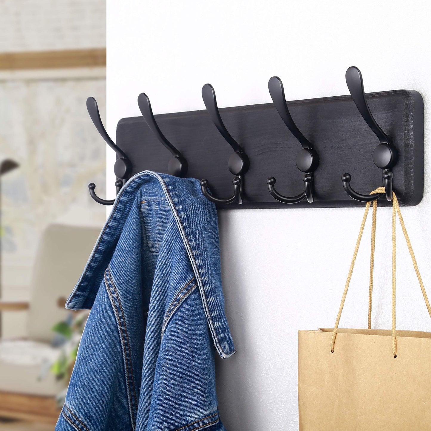 SKOLOO Coat Rack Wall Mounted - Pack of 2, Wooden, Heavy Duty, Rustic Coat Hooks for Wall, 16'' Hole to Hole
