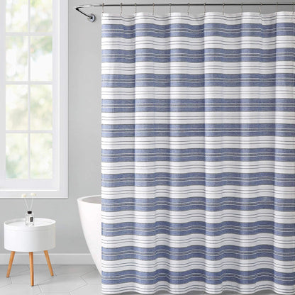 Serafina Home Nautical Chambray Blue and White Fabric Shower Curtain: Cotton Luxury Hotel Stripe with Detailed Eyelet Decorative Weave (Navy)