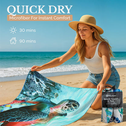 Casa Platino 6-Pack Oversized Microfiber Beach Towels – 71"x32" Sand-Free, Lightweight & Quick-Dry – Double-Sided Printed Pool, Travel