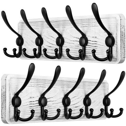 SKOLOO Coat Rack Wall Mounted - Pack of 2, Wooden, Heavy Duty, Rustic Coat Hooks for Wall, Wall Coat Rack with 5 Triple Hooks for Hanging Clothes