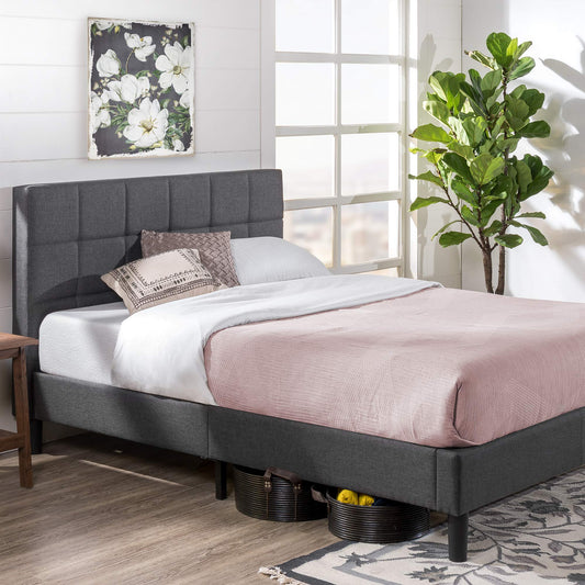 Zinus Lottie Upholstered Bed Frame with Headboard | King 150x200 cm | 35 cm High | Padded, Stiched Headboard | Wood Slat Support | Easy Assembly |
