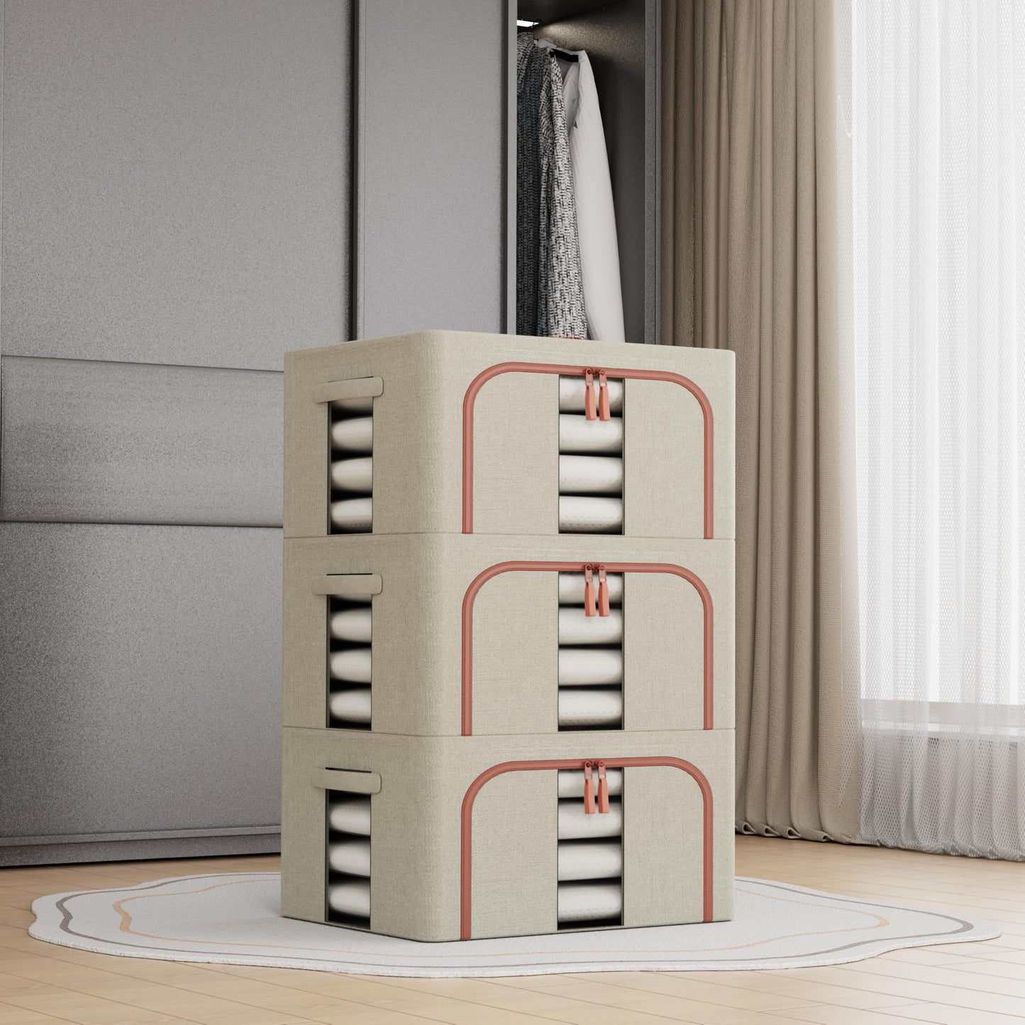 3Pcs Clothes Storage Bin,24L Beige Cloth Storage Box with Metal Frame,Foldable Fabric Bin Organizer for Clothes,Stackable Openings Cloth Storage Bin