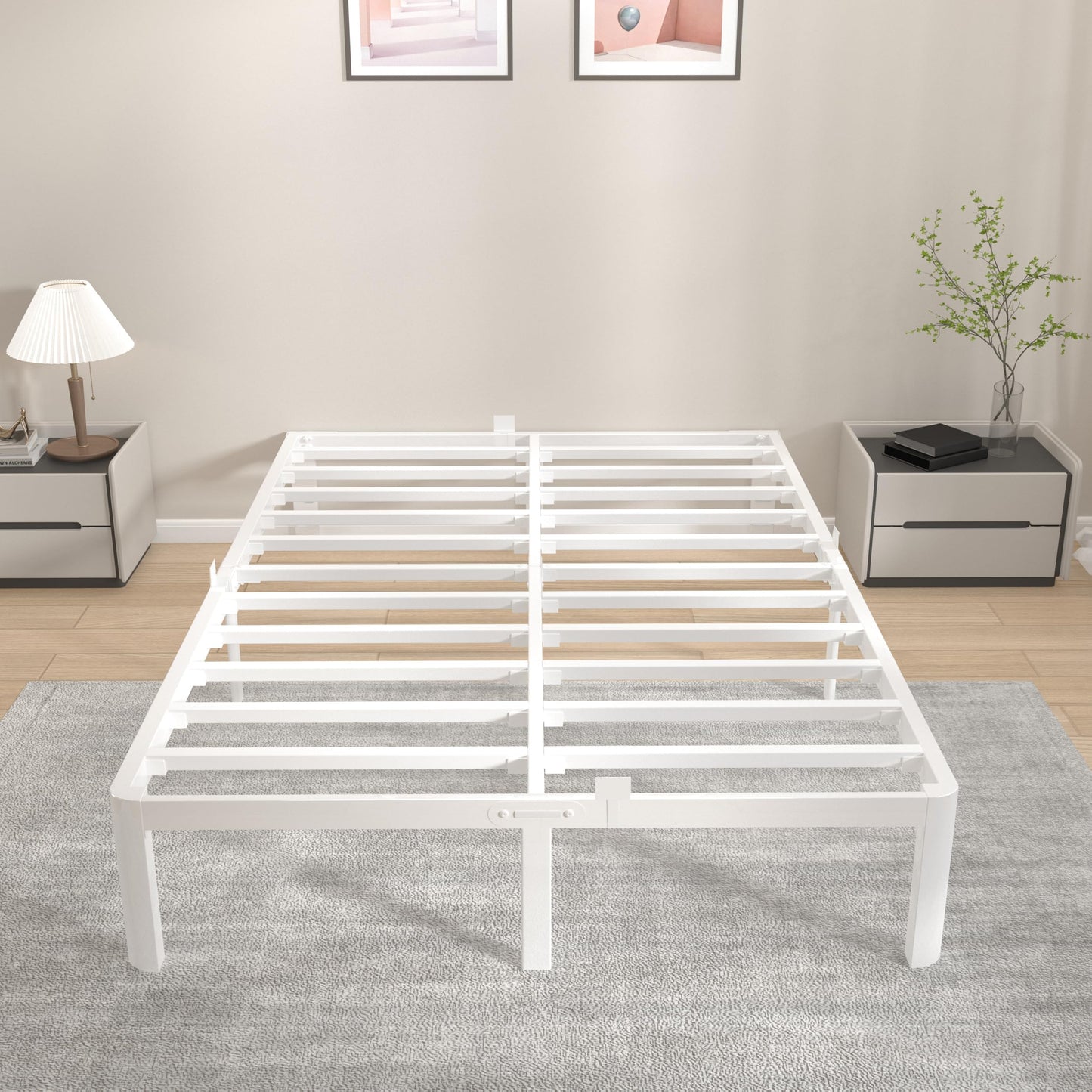 KVLKBV Double Bed Frame 140 x 190 cm, White Bed Frame with Metal Anti-slip Gasket and Large Storage Space Under Bed - Suitable for Bedroom