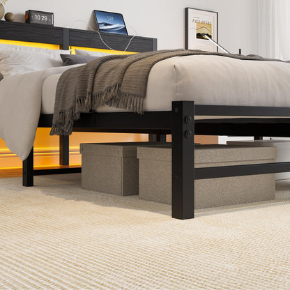 VERFARM 5ft King Bed Frame with Charging Station and LED Lights, Heavy Duty Metal Platform King 150x200 cm Bed Frame with Wood Storage Headboard