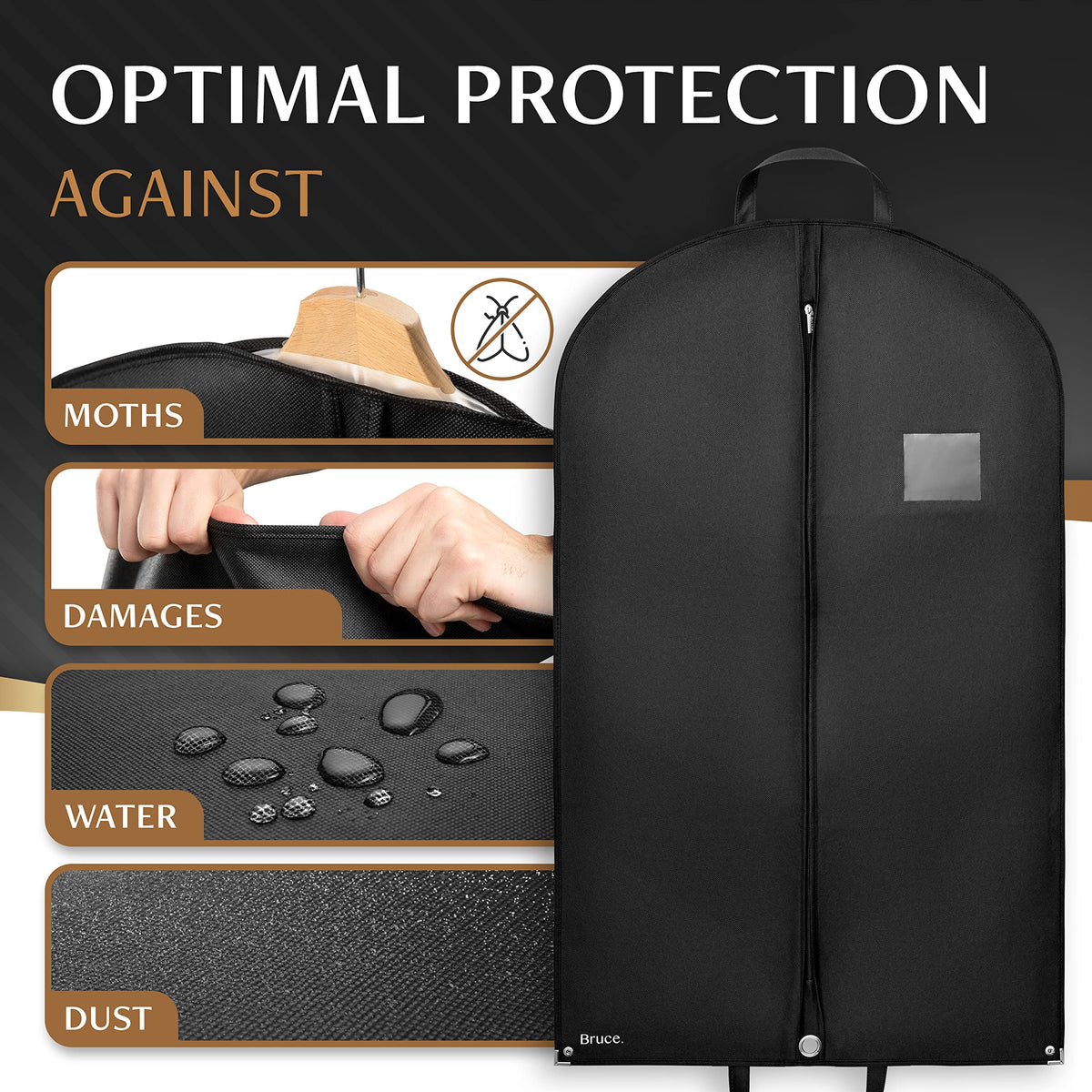 Bruce.® 3x Garment Bags 120x60 cm + Shoe Bag – Black