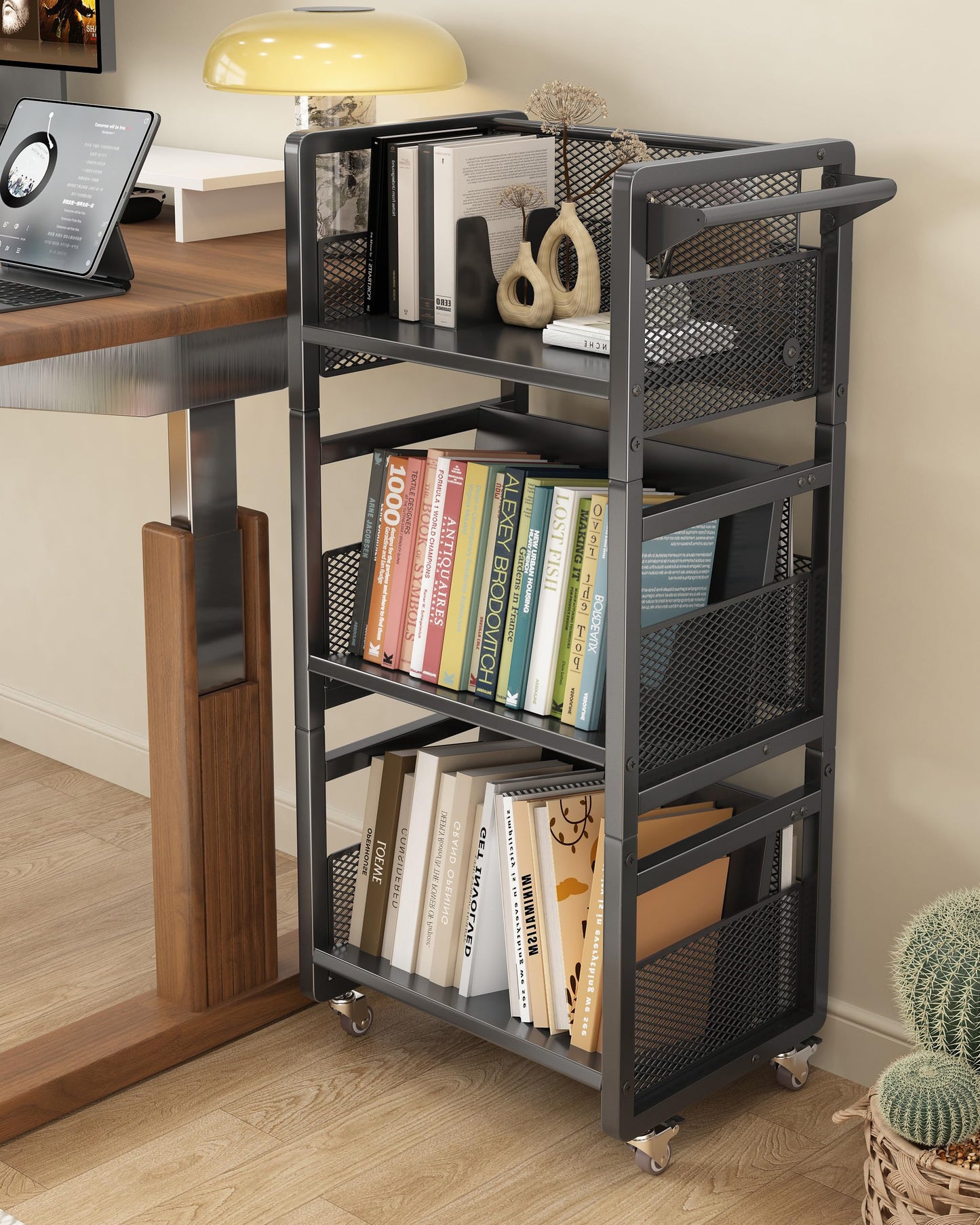 Noskox Mobile Bookshelf with Wheels, Metal 3-Tier Book Trolley