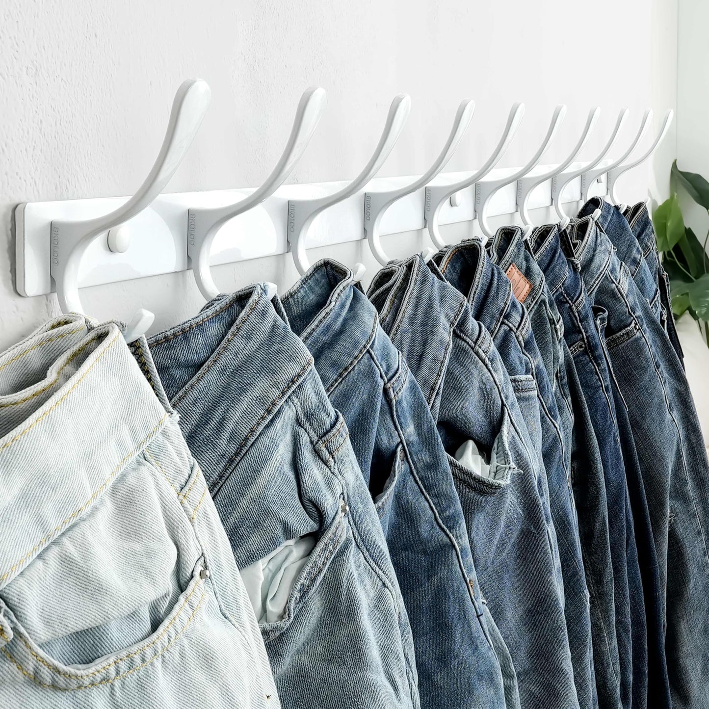SKOLOO Wall Mounted Coat Rack - Heavy Duty, 10 Hooks, Stainless Steel, Metal Wall Hanger, Sturdy Hooks for Hanging Coat, Jacket, Clothes, Hat, White