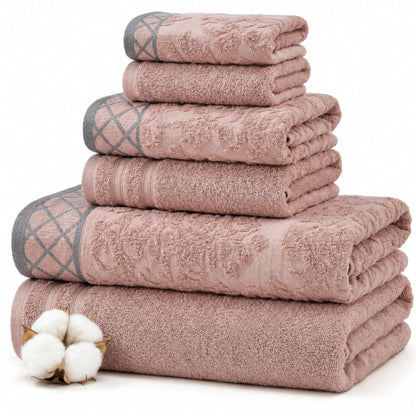 Pacific Coast Textiles Damask Jacquard Towels with Embellished Border, Cotton, Peach, Set of 6