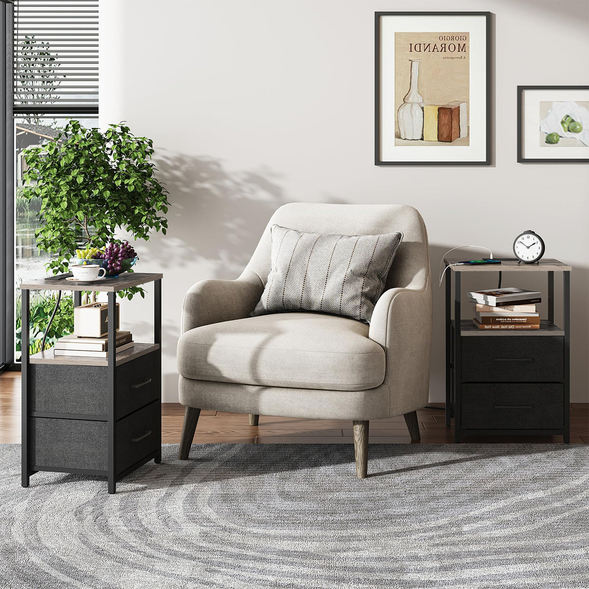 TUTOTAK Bedside Table with Charging Station, Side Table with 2 USB Ports and Outlets, Nightstand with Cloth Drawer, Set of 2, End Table