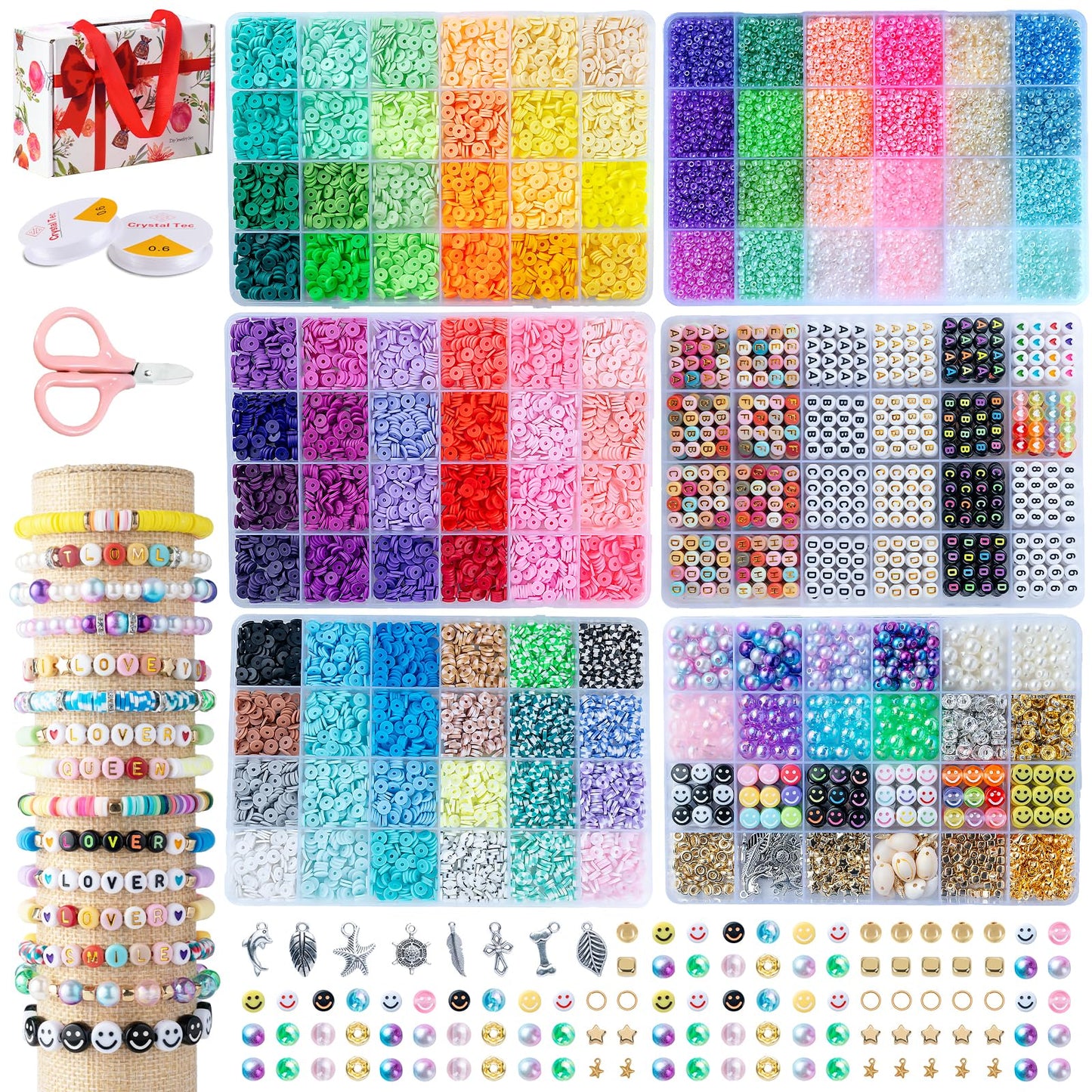 SJZWSD 6-Box Friendship Bracelet Making Kit - 16,000pcs Clay Beads, Seed & Glass Collection, Jewelry Making Kit, Letter Beads, Charms