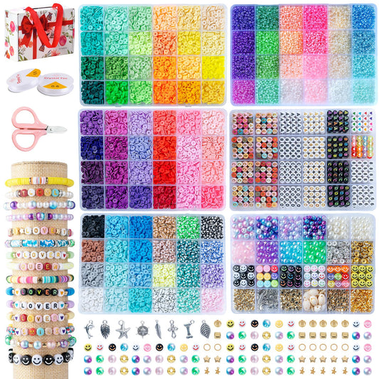 SJZWSD 6-Box Friendship Bracelet Making Kit - 16,000pcs Clay Beads, Seed & Glass Collection, Jewelry Making Kit, Letter Beads, Charms