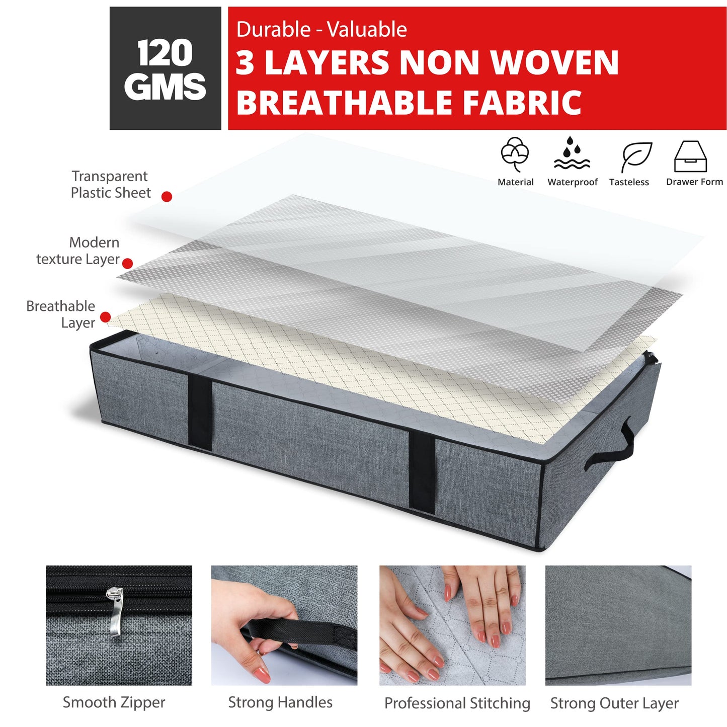 Mintry 90L underbed storage boxes- Pack of 2 Large under bed storage bag with 3x Bonus Large Zip lock Bags- Clothes storage boxes with lid & PVC