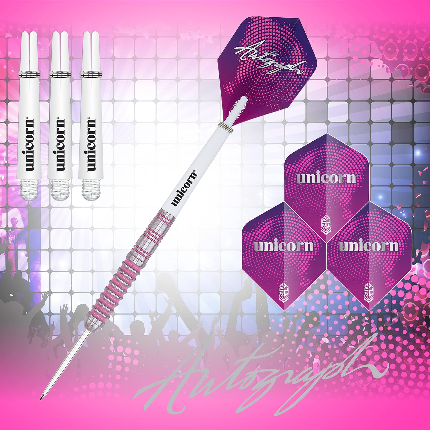 Unicorn Steel Tip Darts Set | Autograph Series Style 1 | 80% Natural Tungsten Barrels with Pink Accents | 22 g