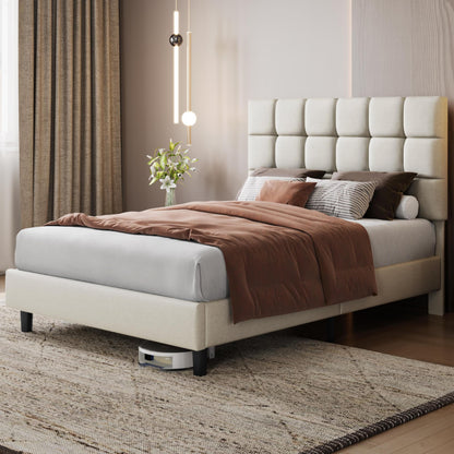 Yaheetech 4ft6 Double Bed Frame, Upholstered Headboard, Beige
