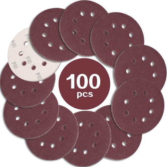 STEBRUAM 100PCS 125mm Sanding Discs 80 Grit, 5 Inch 8 Hole Hook and Loop Sanding Pads for Random Orbital Sander