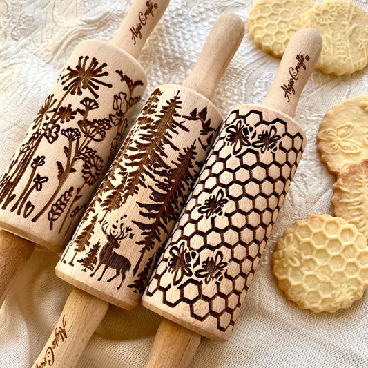 WILD 3 mini Embossed Rolling Pin Set with Bees, Meadow and Forest Patterns for Cookies and Pottery. Wooden laser engraved embossing dough roller by