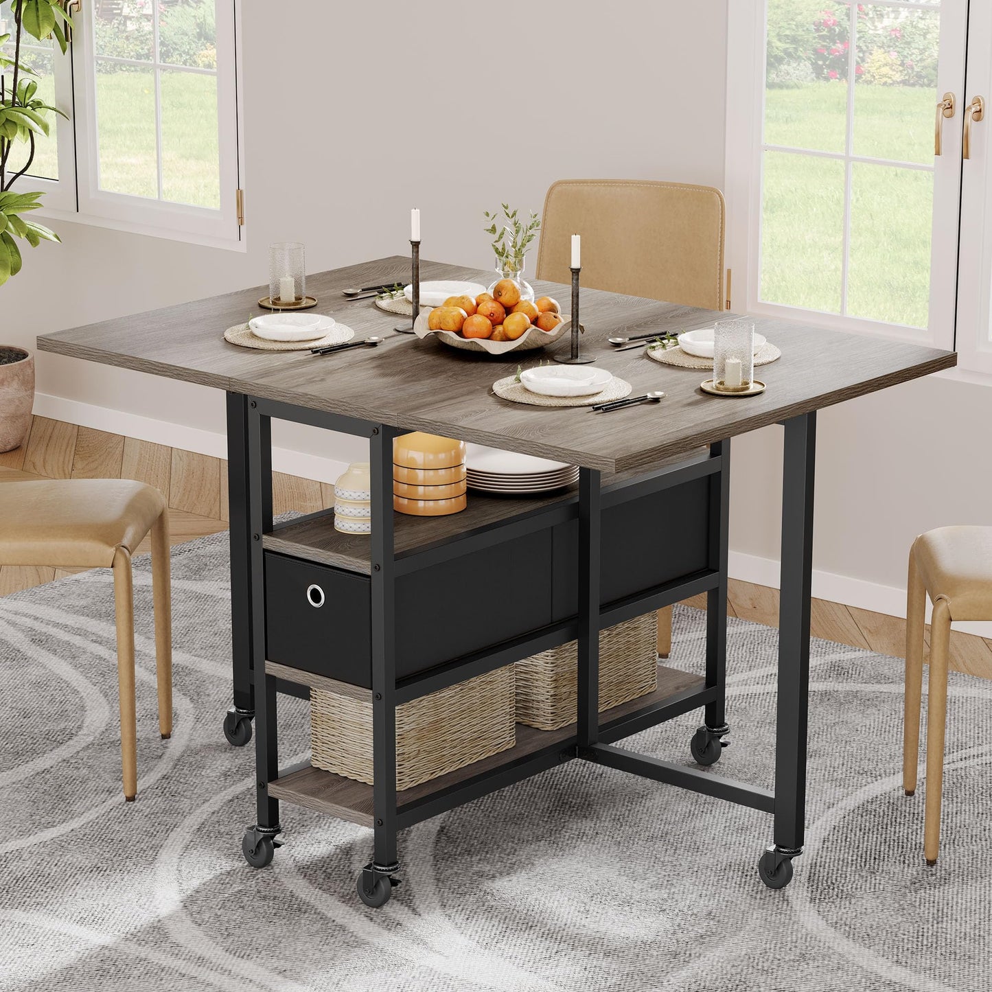 YITAHOME Folding Dining Table with Storage Drawers, Grey Oak and Black
