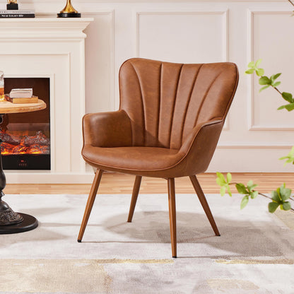 Yaheetech Modern Tub Chair, PU Leather Armchair with High Back, Retro Brown