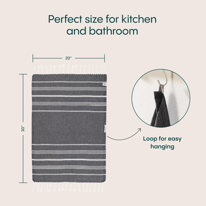 WETCAT Turkish Hand Towels with Hanging Loop, Set of 2 (20" x 30") 100% Turkish Cotton, Pre-Washed, Quick Drying, for Kitchen or Bathroom - Black