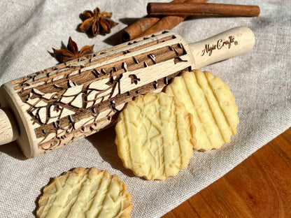 SEASONS 3 Mini Embossed Rolling Pin Set. Wooden Laser Cut Mini Rolling Pins for cookies or clay with spring flowers, tulips, daffodils, strawberries,