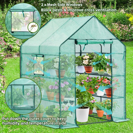 Ohuhu Greenhouse for Outdoors with Shelves, Walk in Green House Plant Growhouse with Heavy Duty Cover, 3 Tiers 12 Shelves Plastic Greenhouse with