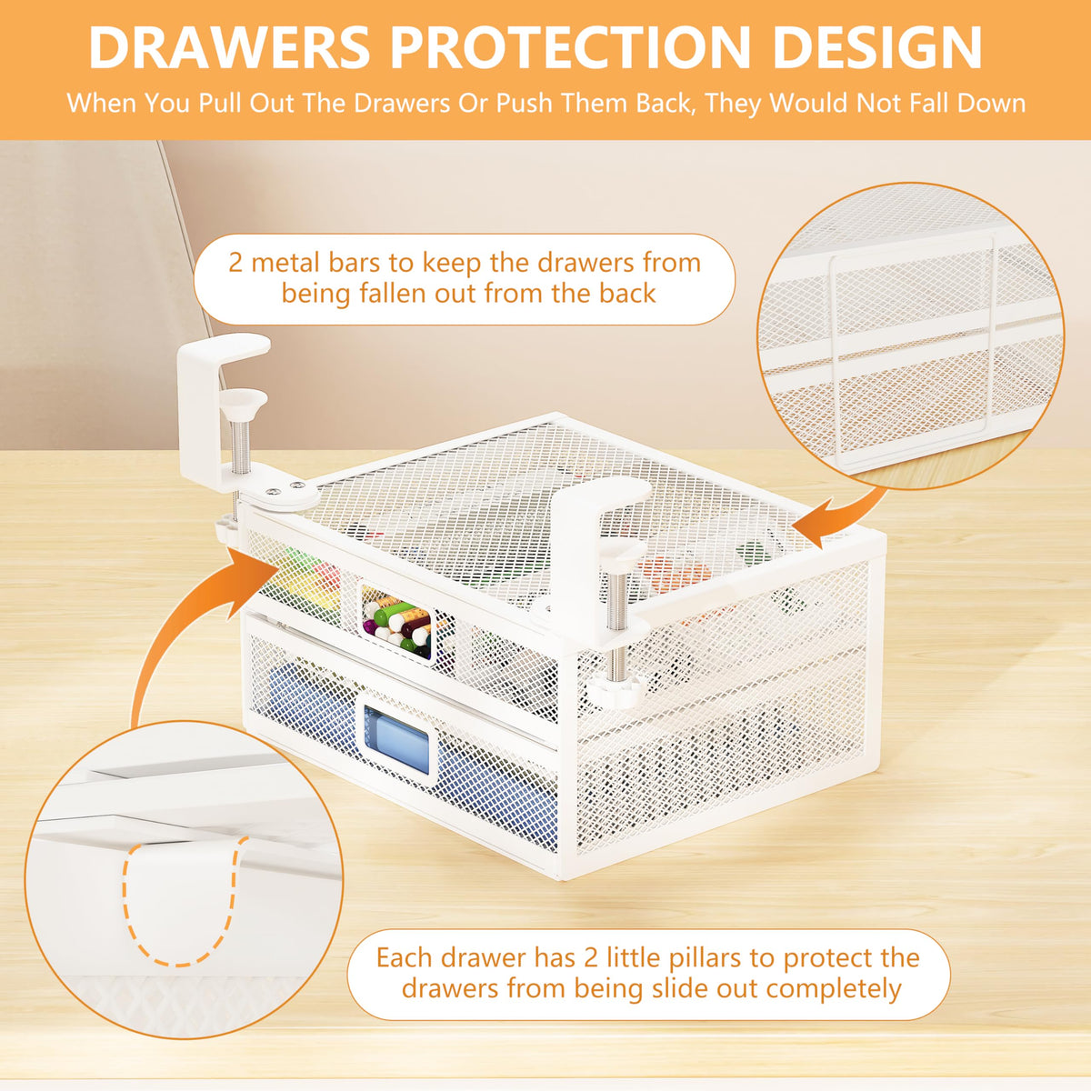 ROLIZOE Clamp On Under Desk Drawers 2 Large Capacity Mesh Metal Drawers Slide Out Under Desk Storage No Drill Under Desk Drawer Organiser Anti-Slip
