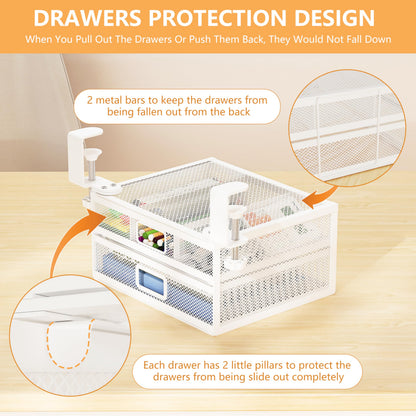 ROLIZOE Clamp On Under Desk Drawers 2 Large Capacity Mesh Metal Drawers Slide Out Under Desk Storage No Drill Under Desk Drawer Organiser Anti-Slip