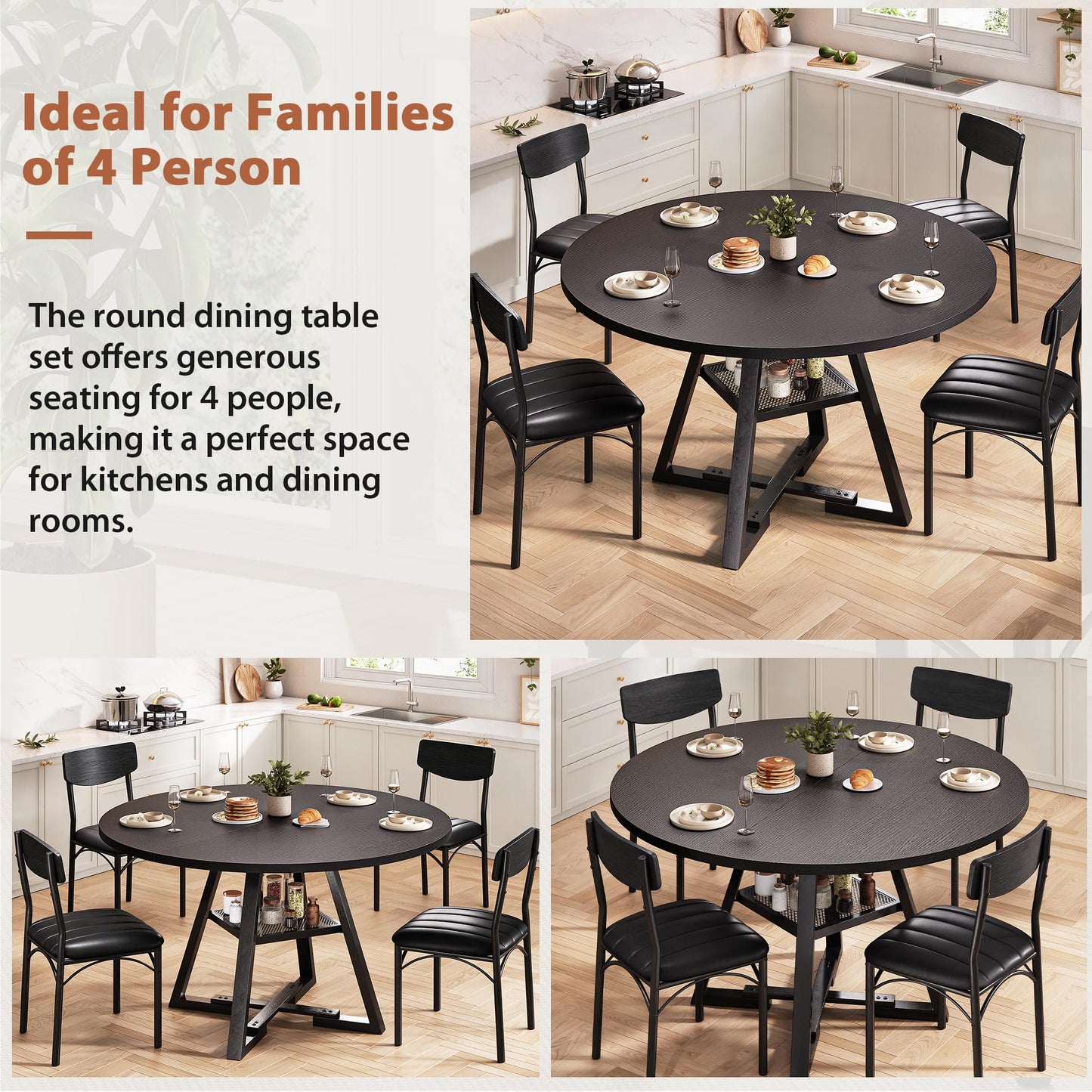 Jocoevol Round Dining Table and 4 Chairs Set of 4, Circle Dinner Table with Shelves, Space Saving Wood Kitchen & Dining Room Furniture