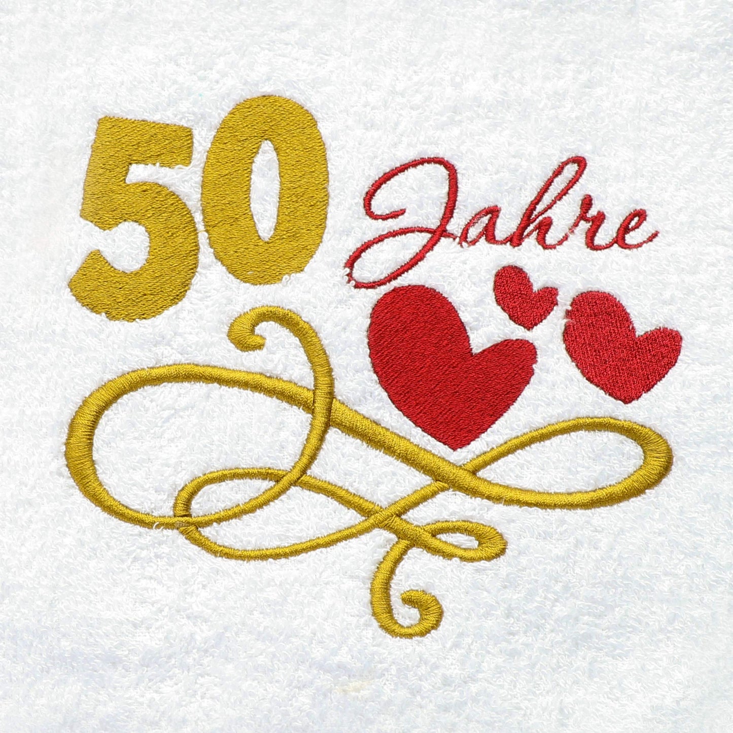 Gift Towel for 50th Birthday with Embroidered Hearts and 50 Years for Women and Ladies - 50th Anniversary Gift Idea