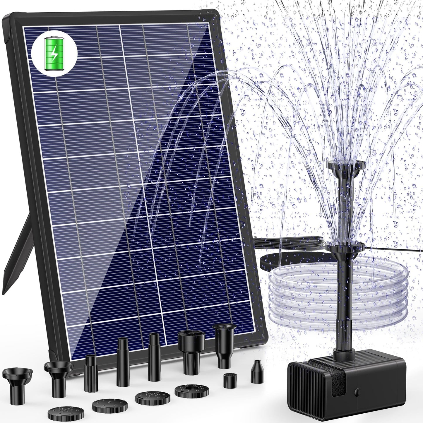 Billing Solar Water Pump with Battery Backup, 7.5W Solar Pond Fountain with 3600mAh Battery 10 Nozzles Solar Fountain with 5ft Tubing Water Features