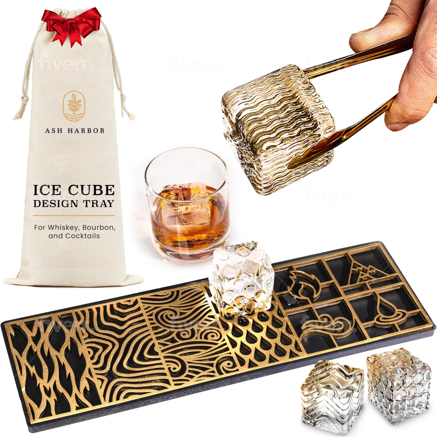 Ice Designer Tray  Craft Modern Ice Molds for Whiskey, Bourbon, & Cocktails in 5 Seconds  Whiskey Ice Mold Ice Cube Stamp  Bartender Accessories