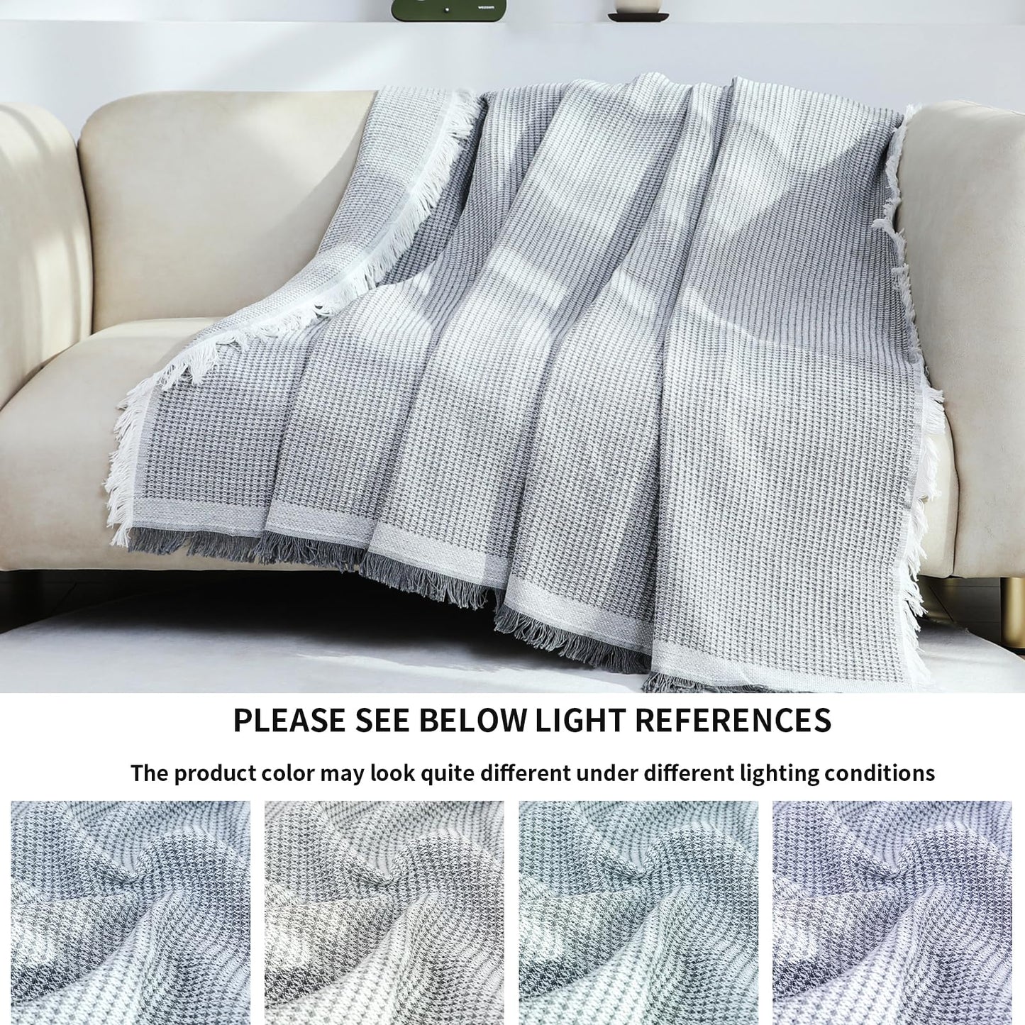 VANJOROY Waffle Large Grey Sofa Throw Blanket With Tassels For 2 3 4 Seater, 100% Handwoven Cotton Knitted Settees Throw for Couch, Armchair and Bed,