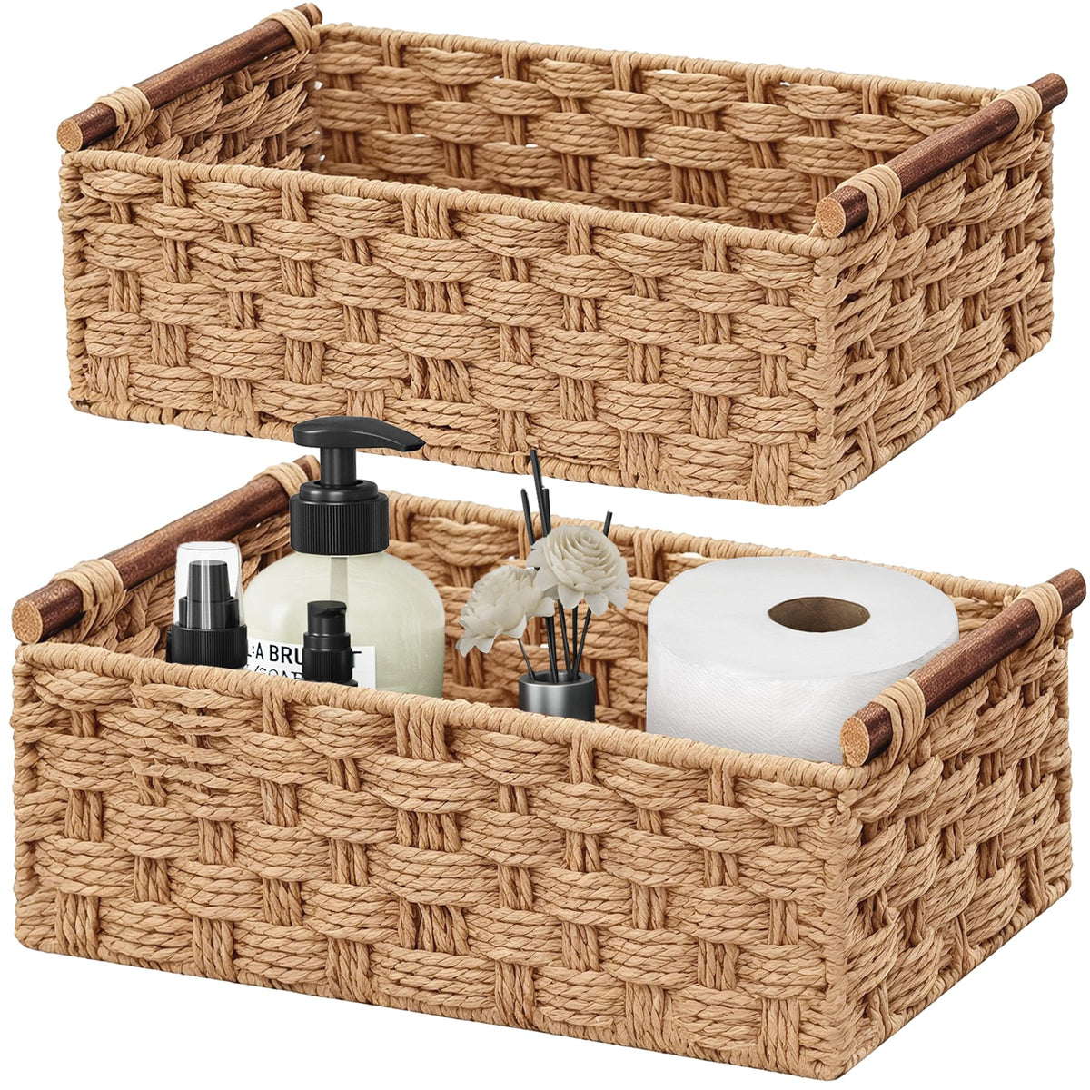 Vagusicc Wicker Storage Basket with Handle, Set of 2 Handwoven Paper Rope Storage Basket for Shelves