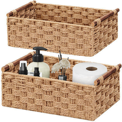 Vagusicc Wicker Storage Basket with Handle, Set of 2 Handwoven Paper Rope Storage Basket for Shelves