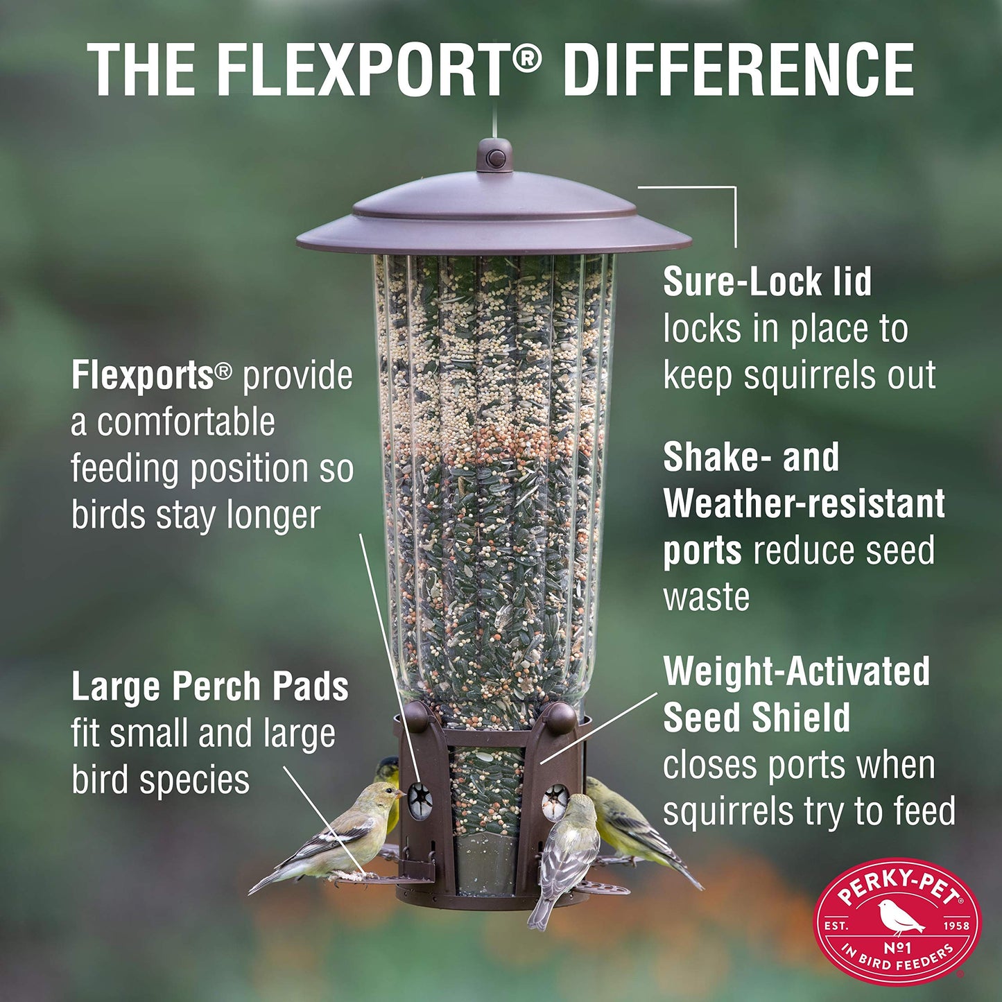 Perky-Pet 334-1SR Squirrel-Be-Gone Max Large Wild Bird Feeder with Flexports, Squirrel Proof Bird Feeder with Weight-Activated Perches - 4LB Seed