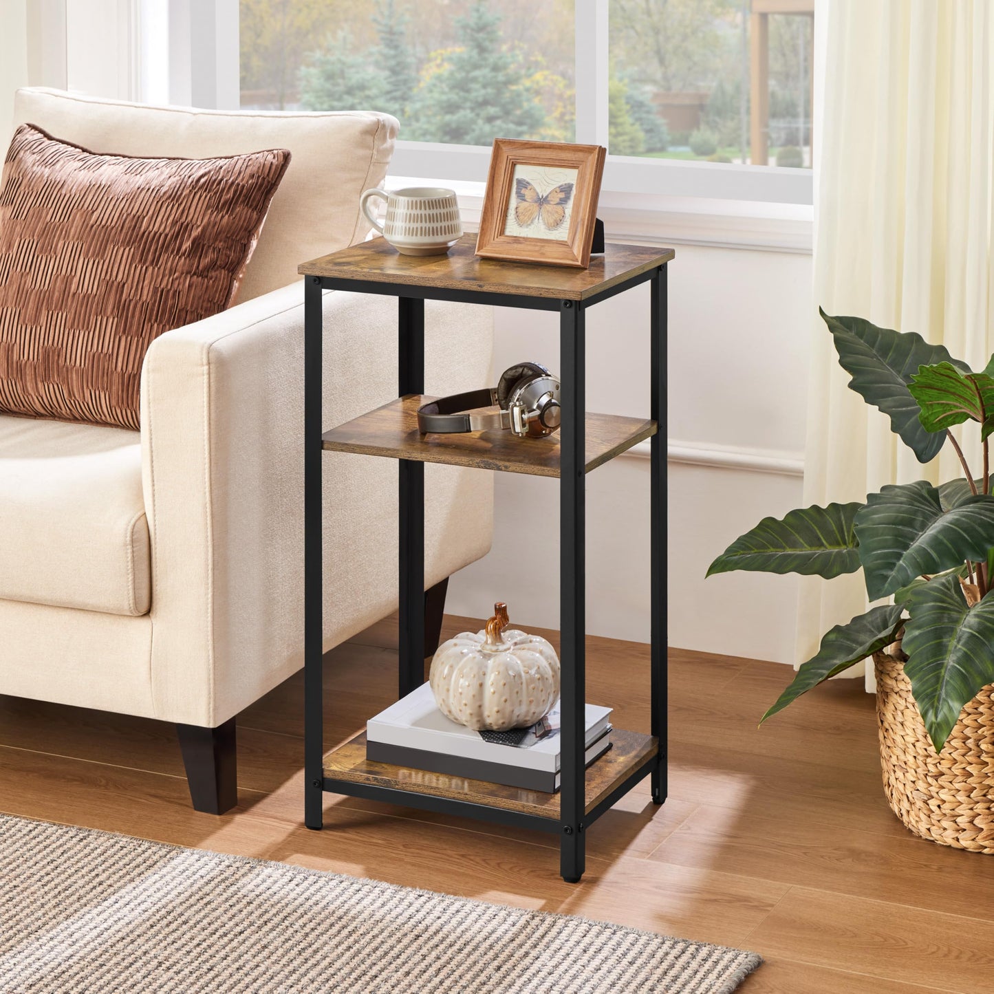 Yaheetech Tall 3-Tier Side Table, Steel Frame, Rustic Brown