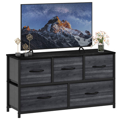 DWVO Chest of Drawers, 5 Fabric Drawers Bedroom Cabinet,Dresser for Bedroom,Living Room With Handles,Wood Top and Sturdy Steel Frame,Charcoal Black