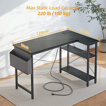 BEXEVUE Small L Shaped Desk with Power Outlets - 120x70cm Gaming Corner Computer Desk Writing Table, Reversible Large Storage Shelves, Bookshelf