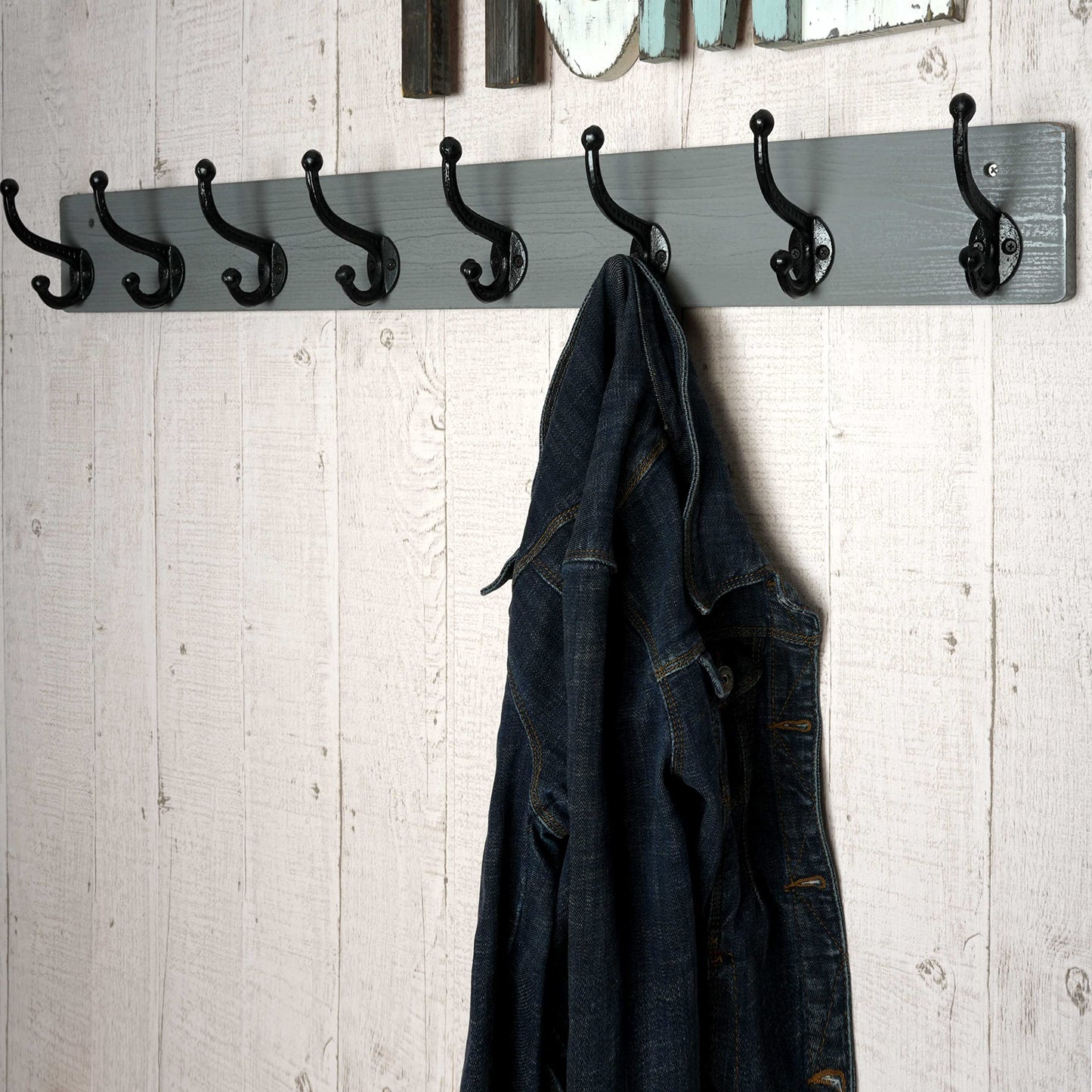 WEBI Rustic Coat Rack Wall Mount Long 8 Cast Iron Coat Hooks Wall Mounted,Heavy Duty Wall Coat Hanger Hooks for Hanging Coats,Clothes,Grey,2 Packs