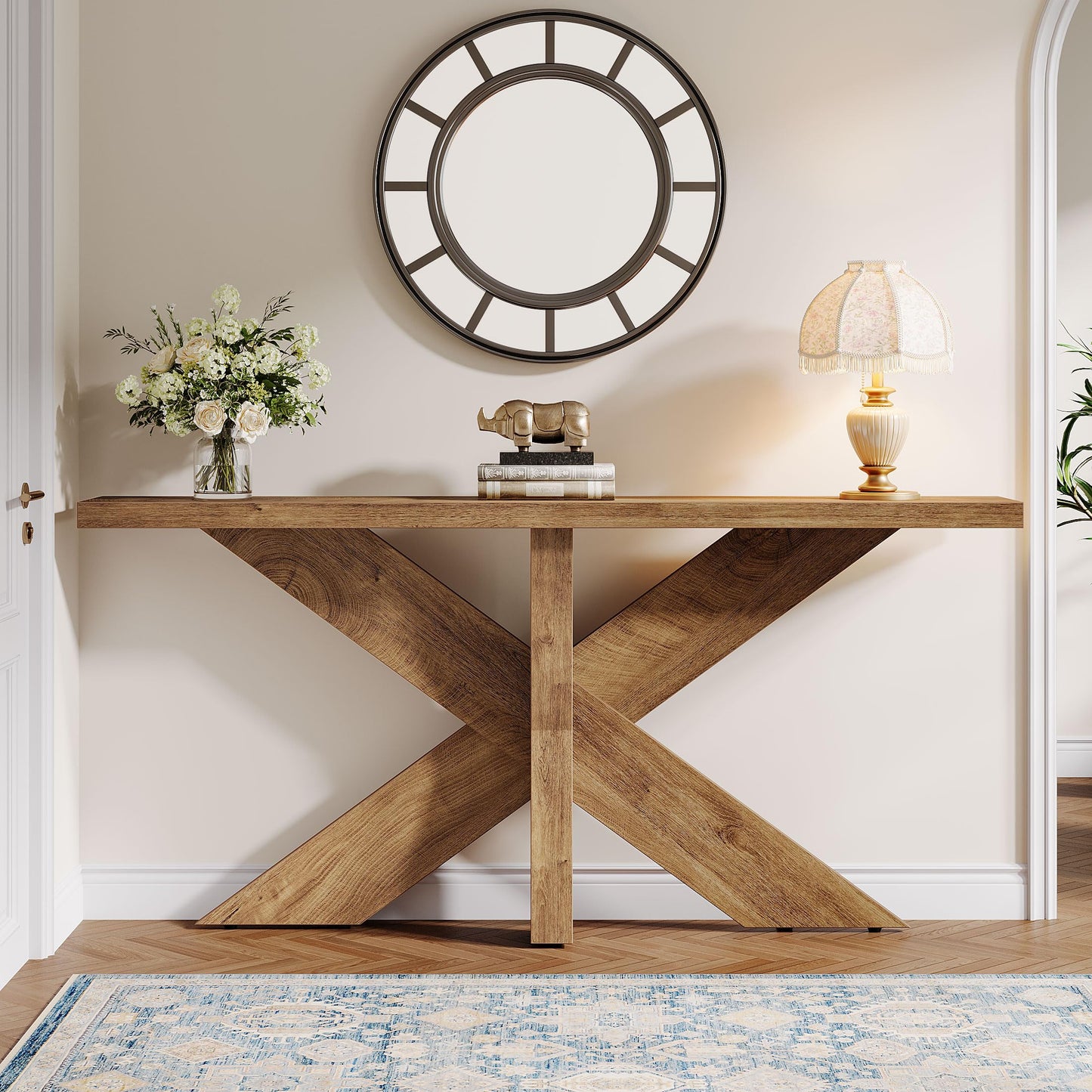 Tribesigns 70.9 Inches Long Sofa Table Behind Couch, Farmhouse Console Entry Table with Wooden Geometric Base for Entryway, Living Room, Oak Brown