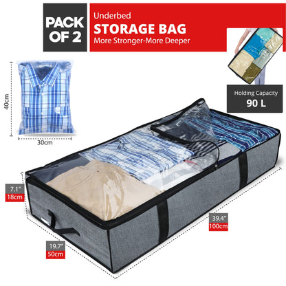 Mintry 90L underbed storage boxes- Pack of 2 Large under bed storage bag with 3x Bonus Large Zip lock Bags- Clothes storage boxes with lid & PVC