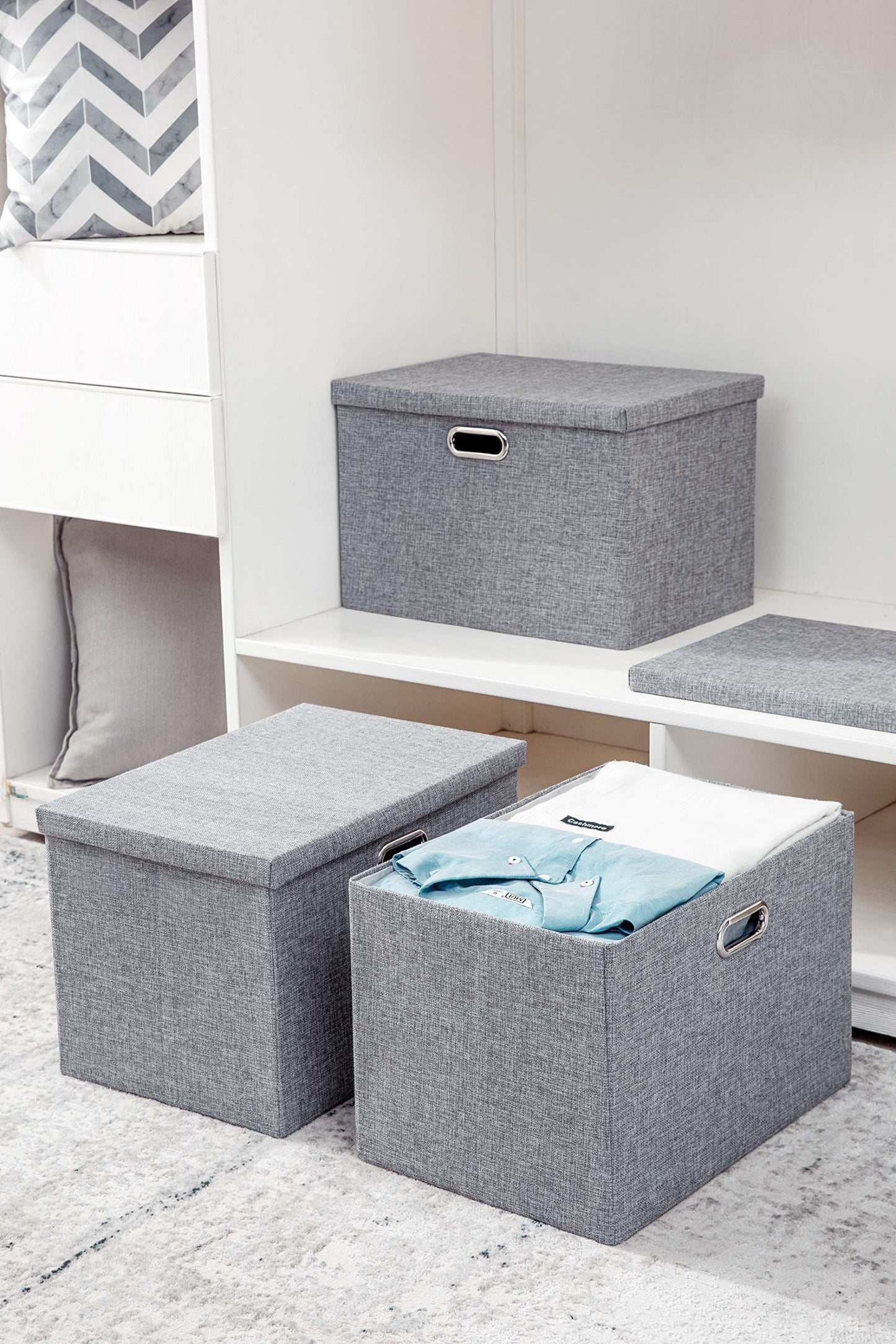 AlphaHome Set of 3 Storage Boxes with Lid, Collapsible Storage Basket for Closet and Shelf (Glaucous Grey, XLarge - 3 Pack)