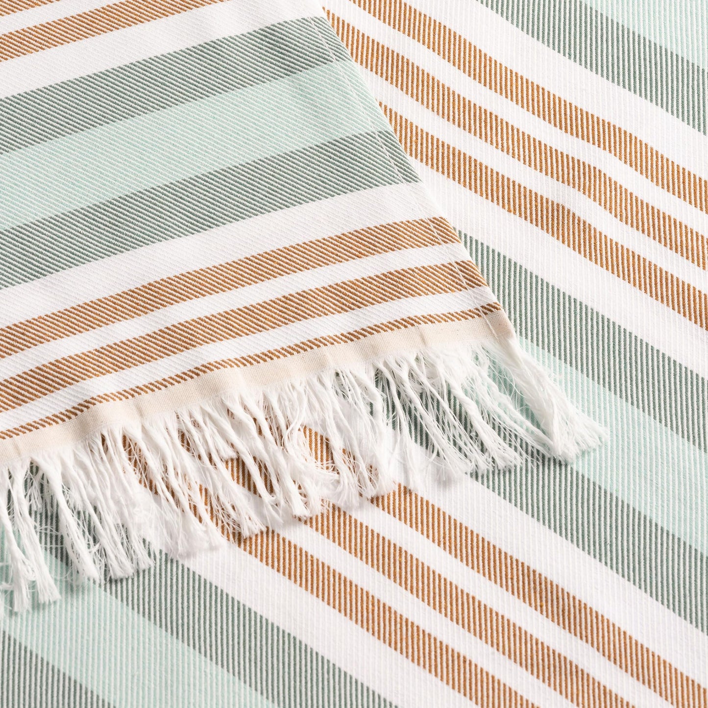 GAMUSI Rectangular Beach Towel - Bath Fouta - Tinted Yarn Embossed Fabric with Fringes - Orange/Green