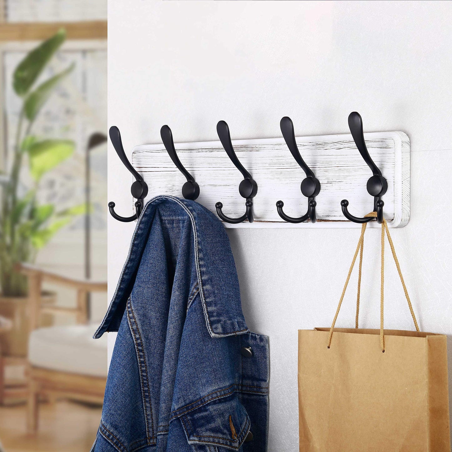 SKOLOO Coat Rack Wall Mounted - Wooden, Heavy Duty, Rustic Coat Hooks for Wall, Wall Coat Rack with 5 Triple Hooks for Hanging Clothes, Jacket